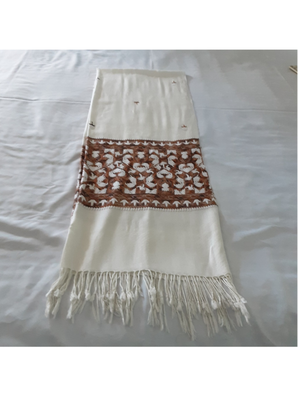 Abifs Rush Ke Kashmir Ivory Brown Embroidered Fringe Scarf Wrap Shawl
